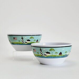 Coastal Breeze Plastic Cereal Bowl Set Lighthouse & Flag Warren Kimble Folk Art